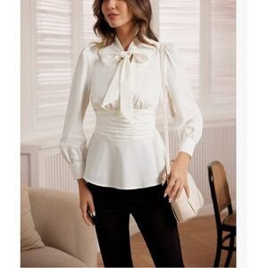 GRACE KARIN Cream White‎ Long Sleeve Top Womens Size M Tie V Neck Gathered Waist